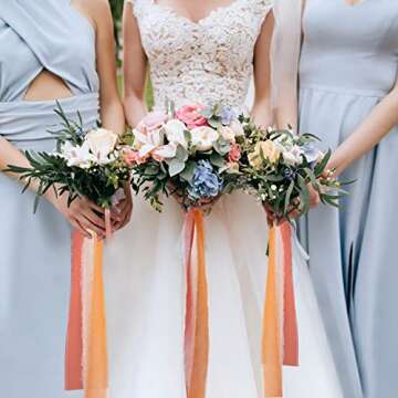 Handmade Fringe Chiffon Silk Ribbon Gauze 1.5" x 7 Yard Orange & White Frayed Edges Ribbons Set for Wedding Invitations, Gifts Wrapping, DIY Crafts, Bridal Bouquets