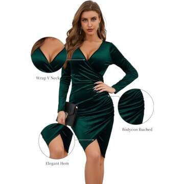 GUBERRY Womens Wrap V Neck Long Sleeve Velvet Bodycon Ruched Cocktail Party Wedding Guest Dress