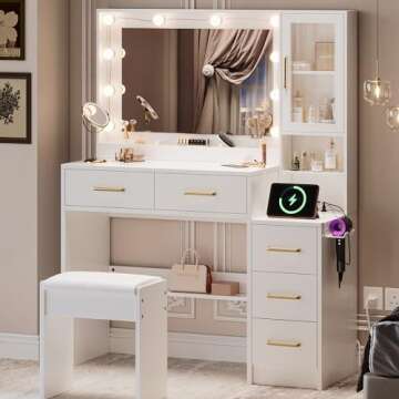 White Vanity Table with Drawer Dresser, Farmhouse Vanity Makeup Desk with Charging Station, Vanity Desk with Lights Mirror & Drawers for Makeup,Vanity Desk with Storage Shelf & 5 Drawers (Gold Handle)