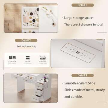 White Vanity Table with Drawer Dresser, Farmhouse Vanity Makeup Desk with Charging Station, Vanity Desk with Lights Mirror & Drawers for Makeup,Vanity Desk with Storage Shelf & 5 Drawers (Gold Handle)