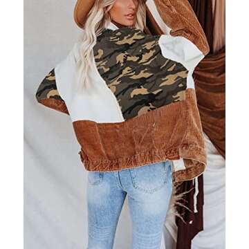 chouyatou Women's Contrast Camouflage Corduroy Loose Oversized Batwing Sleeve Ripped Casual Trucker ...