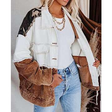 chouyatou Women's Contrast Camouflage Corduroy Loose Oversized Batwing Sleeve Ripped Casual Trucker Jacket (White, Medium)