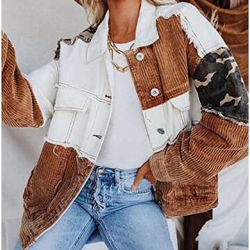 chouyatou Women's Contrast Camouflage Corduroy Loose Oversized Batwing Sleeve Ripped Casual Trucker Jacket (White, Medium)