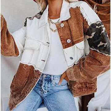chouyatou Women's Contrast Camouflage Corduroy Loose Oversized Batwing Sleeve Ripped Casual Trucker Jacket (White, Medium)