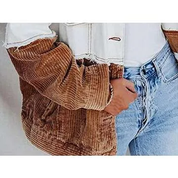 chouyatou Women's Contrast Camouflage Corduroy Loose Oversized Batwing Sleeve Ripped Casual Trucker Jacket (White, Medium)