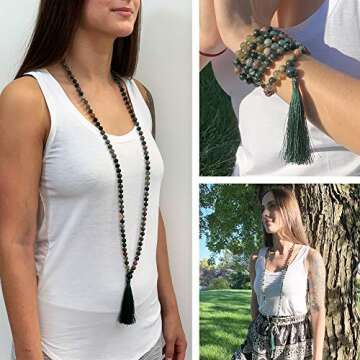 Birsppy 108 Bead Malas - Mala Necklace & Bracelet with Tassel - 8mm Stone Beads - Strand 108 Beads Necklace for Mindfulness & Yoga (India Agate)