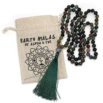 Birsppy 108 Bead Malas - Mala Necklace & Bracelet with Tassel - 8mm Stone Beads - Strand 108 Beads Necklace for Mindfulness & Yoga (India Agate)
