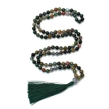 Birsppy 108 Bead Malas - Mala Necklace & Bracelet with Tassel - 8mm Stone Beads - Strand 108 Beads Necklace for Mindfulness & Yoga (India Agate)