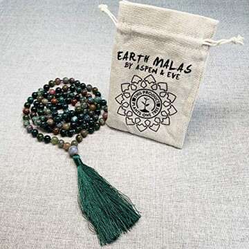 Birsppy 108 Bead Malas - Mala Necklace & Bracelet with Tassel - 8mm Stone Beads - Strand 108 Beads Necklace for Mindfulness & Yoga (India Agate)