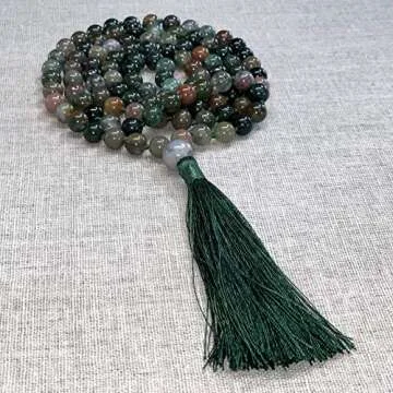 Birsppy 108 Bead Malas - Mala Necklace & Bracelet with Tassel - 8mm Stone Beads - Strand 108 Beads Necklace for Mindfulness & Yoga (India Agate)