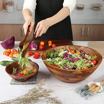 Large Acacia Wooden Salad Bowls Set with Utensils