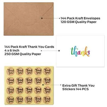 Ohuhu 144 Bulk Thank You Cards with Envelopes, Thank You Notes Box Set with Elegant 8 Rainbow Colorful Designs Greeting Card for Wedding, Business, Birthday, Baby Shower, Blank Inside, 4 x 6 Inch