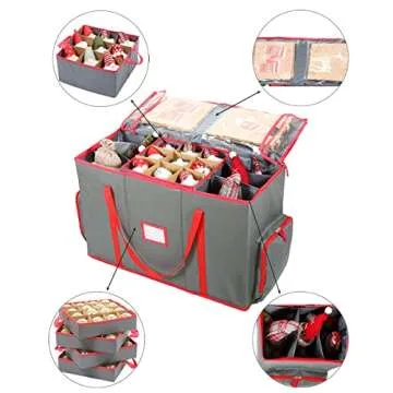 Valorcielo Christmas Ornament Figurine Storage Box, Xmas decoration Storage Container with Zippered Closure, Pockets, Removable Trays for 73 Holiday Ornaments, Adjustable Extent Area for Figurines