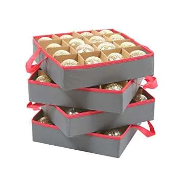 Valorcielo Christmas Ornament Figurine Storage Box, Xmas decoration Storage Container with Zippered Closure, Pockets, Removable Trays for 73 Holiday Ornaments, Adjustable Extent Area for Figurines