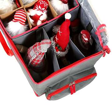 Valorcielo Christmas Ornament Figurine Storage Box, Xmas decoration Storage Container with Zippered Closure, Pockets, Removable Trays for 73 Holiday Ornaments, Adjustable Extent Area for Figurines