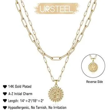 Ursteel Layered Choker Necklaces for Women - Gold Plated Dainty Layering Paperclip Chain Necklace Letter F Initial Coin Pendant Necklaces Layered Gold Necklaces for Women Jewelry Gifts