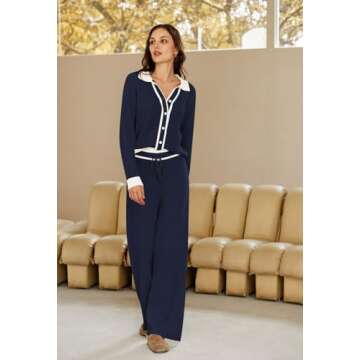 Viottiset Women's Lounge Sets 2 Piece Outfits Knitted Button Sweatersuit Wide Leg Pants Tracksuit Navy X-Large