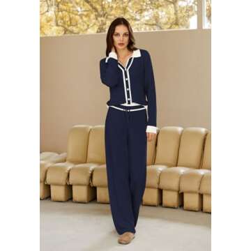 Viottiset Women's Lounge Sets 2 Piece Outfits Knitted Button Sweatersuit Wide Leg Pants Tracksuit Navy X-Large