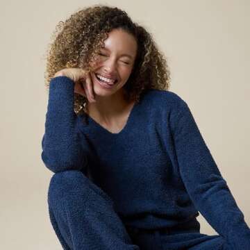 Softies Ultra-Soft Solid Marshmallow V-Neck Lounge Set for Women, Midnight, M