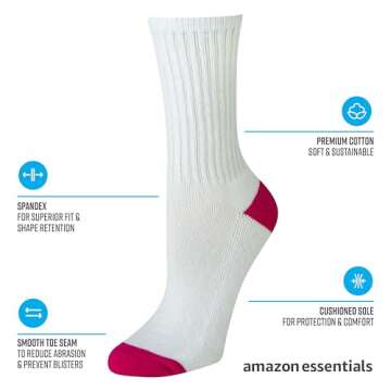 Amazon Essentials Women's Cotton Crew Socks, Lightly Cushioned, 10 Pairs, White, 8-12