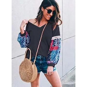 MIHOLL Women's Floral V Neck Casual Pullover Sweater