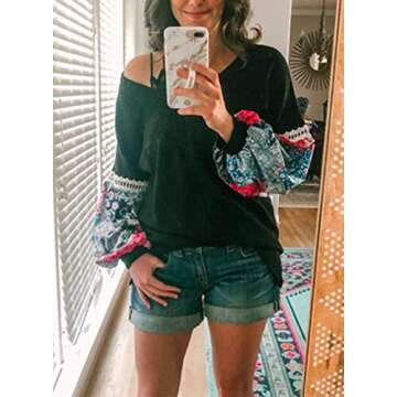 MIHOLL Women's Floral V Neck Casual Pullover Sweater