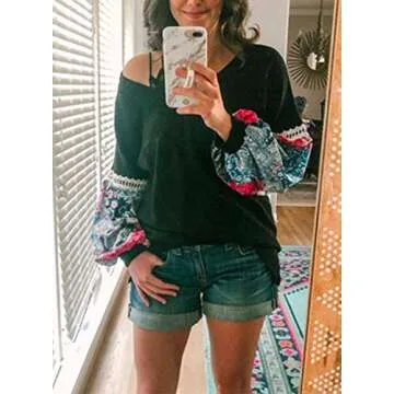 MIHOLL Women's Floral V Neck Casual Pullover Sweater