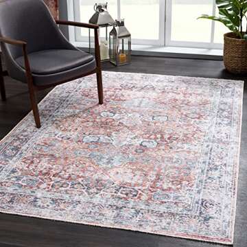Bloom Rugs Caria Washable Non-Slip 3x5 Rug - Brick/Dark Blue Traditional Area Rug for Living Room, B...