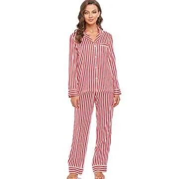 Serenedelicacy Women's Satin Pajama Set Long Sleeve Button Down Sleepwear 2-Piece Striped Silky Pj Set (Small, Red, Striped)