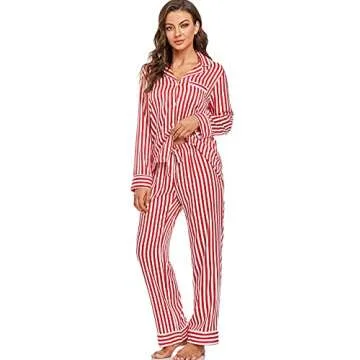 Serenedelicacy Women's Satin Pajama Set Long Sleeve Button Down Sleepwear 2-Piece Striped Silky Pj Set (Small, Red, Striped)