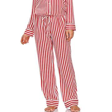 Serenedelicacy Women's Satin Pajama Set Long Sleeve Button Down Sleepwear 2-Piece Striped Silky Pj Set (Small, Red, Striped)