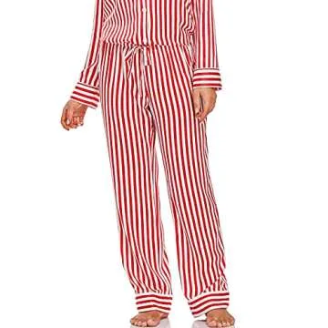 Serenedelicacy Women's Satin Pajama Set Long Sleeve Button Down Sleepwear 2-Piece Striped Silky Pj Set (Small, Red, Striped)