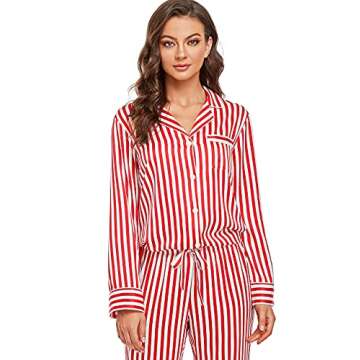 Serenedelicacy Women's Satin Pajama Set Long Sleeve Button Down Sleepwear 2-Piece Striped Silky Pj Set (Small, Red, Striped)