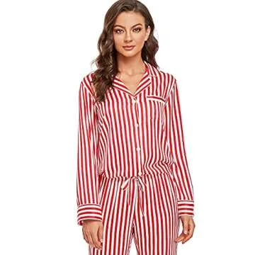 Serenedelicacy Women's Satin Pajama Set Long Sleeve Button Down Sleepwear 2-Piece Striped Silky Pj Set (Small, Red, Striped)
