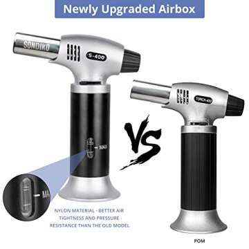 Sondiko Butane Torch S400 with Fuel Gauge, 2022 Refillable Kitchen Torch Lighter, Blow Torch with Safety Lock and Adjustable Flame for Creme Brulee - Butane Gas Is Not Included
