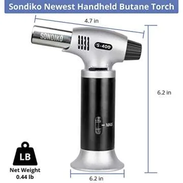 Sondiko Butane Torch S400 with Fuel Gauge, 2022 Refillable Kitchen Torch Lighter, Blow Torch with Safety Lock and Adjustable Flame for Creme Brulee - Butane Gas Is Not Included