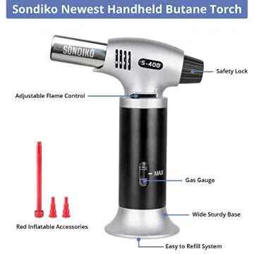 Sondiko Butane Torch S400 with Fuel Gauge, 2022 Refillable Kitchen Torch Lighter, Blow Torch with Safety Lock and Adjustable Flame for Creme Brulee - Butane Gas Is Not Included