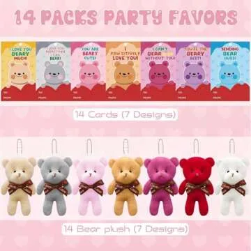 NBDIB 14Pcs Plush Bears with 14 Valentines Day Gift Cards for Kids, Mini Stuffed Animals Bulk Toys for Party Favor, Plush Bear Keychains for Kids Valentines Day Exchange Gift Classroom Prizes