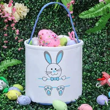 Easter Bunny Basket Egg Bags for Kids - Canvas Cotton Personalized Candy Egg Basket Rabbit Print Buc...