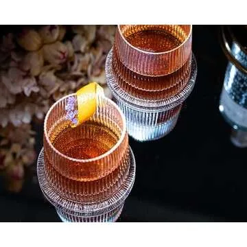 GLASSIQUE CADEAU Vintage Art Deco Speakeasy Lowball Glasses | Set of 4 | 9 oz Crystal Tumblers for Drinking Classic Gin, Rum, Vodka Bar Drinks | Round Short Rocks Glassware