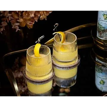 GLASSIQUE CADEAU Vintage Art Deco Speakeasy Lowball Glasses | Set of 4 | 9 oz Crystal Tumblers for Drinking Classic Gin, Rum, Vodka Bar Drinks | Round Short Rocks Glassware