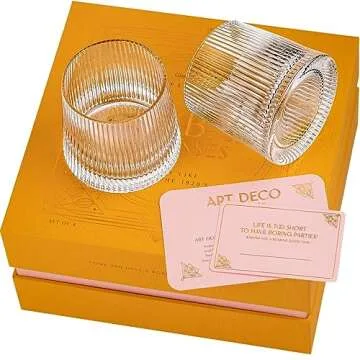 GLASSIQUE CADEAU Vintage Art Deco Speakeasy Lowball Glasses | Set of 4 | 9 oz Crystal Tumblers for Drinking Classic Gin, Rum, Vodka Bar Drinks | Round Short Rocks Glassware