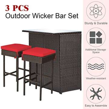 Tangkula Patio Bar Set, 3 Piece Outdoor Rattan Wicker Bar Set with 2 Cushions Stools & Glass Top Table, Outdoor Furniture Set for Patios Backyards Porches Gardens Poolside (Red)