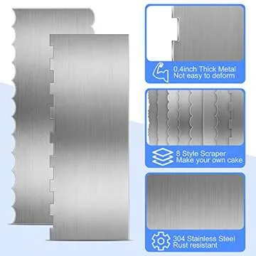 Geiserailie 4 Pieces Cake Scraper Smoother 9 Inch Stainless Steel Metal Cake Comb Icing Edge Decorating Tools Large Double Sided Wave Stripe for Pastry Cutter Cream Mousse Butter Decoration, 4 Styles