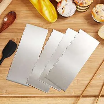 Geiserailie 4 Pieces Cake Scraper Smoother 9 Inch Stainless Steel Metal Cake Comb Icing Edge Decorating Tools Large Double Sided Wave Stripe for Pastry Cutter Cream Mousse Butter Decoration, 4 Styles