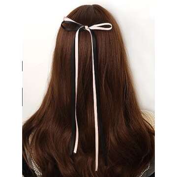 LFOUVRE Hair Accessories - Pink Ribbon Bow Clips with Long Tassels, Bowknot Barrettes for Girls and Women, 4pcs