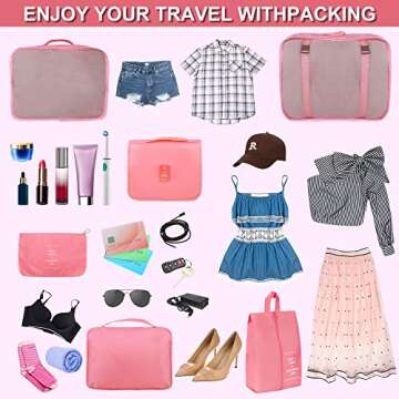 9 Set Packing Cubes for Suitcases, kingdalux Pink Travel Luggage Packing Organizers with Laundry Bag, Compression Storage Shoe Bag, Makeup Bag, Clothing Underwear Bag, for Man & Woman