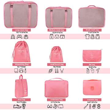 9 Set Packing Cubes for Suitcases, kingdalux Pink Travel Luggage Packing Organizers with Laundry Bag, Compression Storage Shoe Bag, Makeup Bag, Clothing Underwear Bag, for Man & Woman