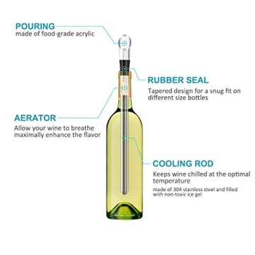 Wine Chiller, 3-in-1 Stainless Steel Wine Bottle Cooler Stick - Rapid Iceless Wine Chilling Rod with Aerator and Pourer - The Best Wine Accessories Gift