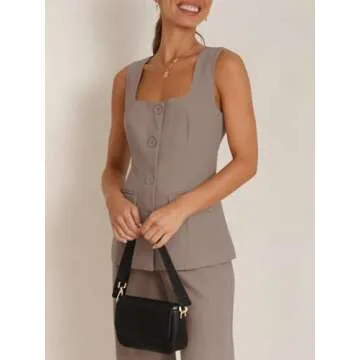 Tankaneo Women's Single Breasted Vests Square Neck Sleeveless Slim Fitted Work Office Waistcoats